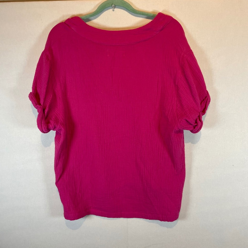 Dear‎ John Fuchsia Pink Cotton Gauze V-Neck Top with Knotted Sleeves Medium - Picture 3 of 6